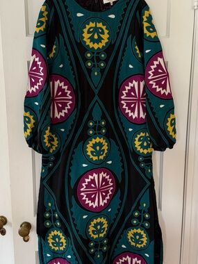 Sea New York Black Midi Dress with Teal, Mustard & Purple Print